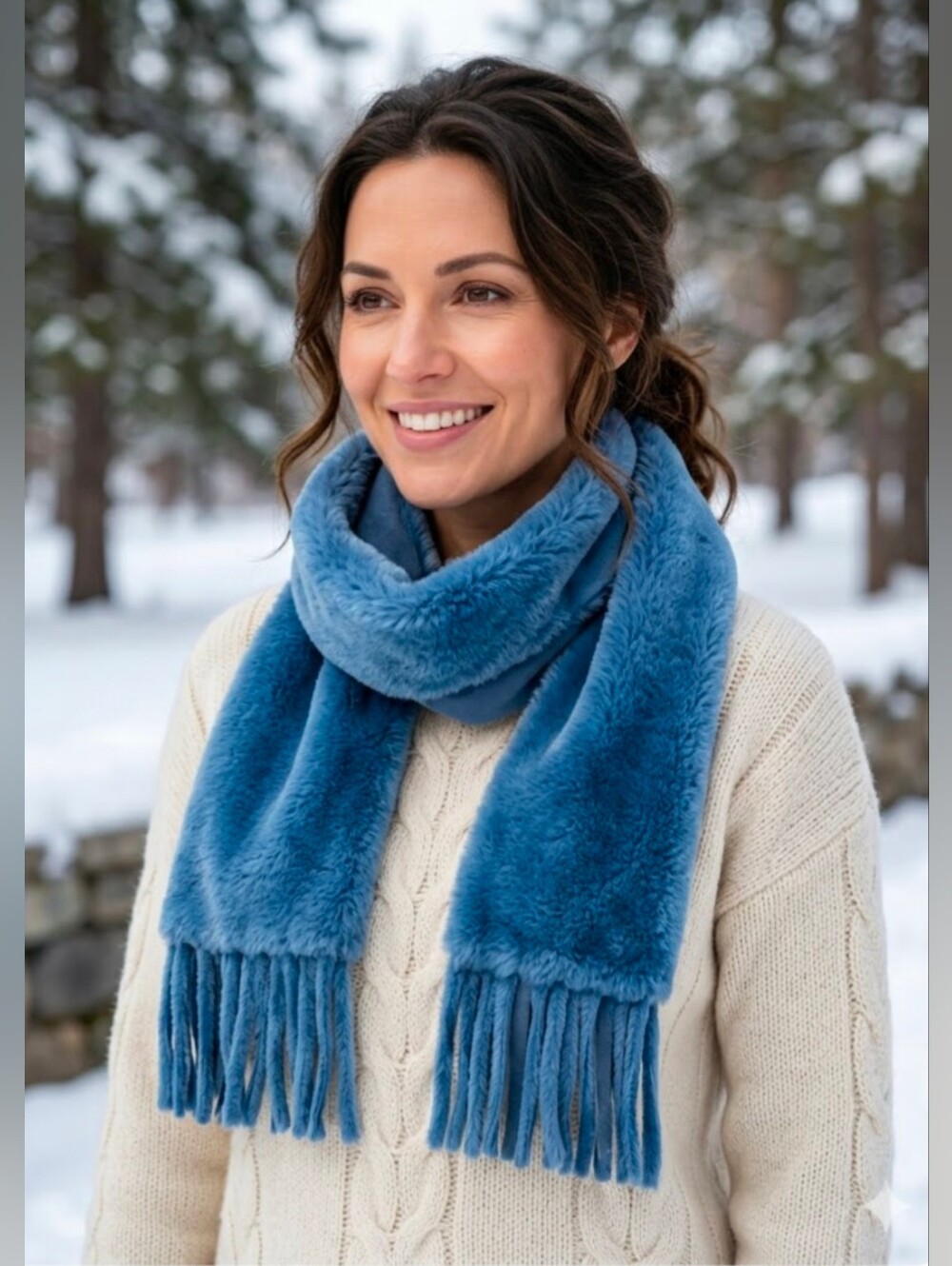 Ice Blue Faux Fur Suede Winter Scarf With Fringe